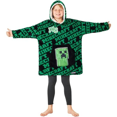 Image of Minecraft Hoodie Blanket Boys Teens, Creeper Wearable Blanket Hooded Loungewear, Oversized Fleece Poncho, Gamer Gifts for Boys (Green/Black)