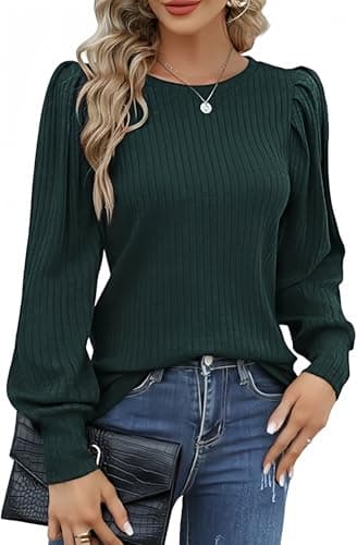 Image of HOTOUCH Women's Jumpers Puff Sleeves Round Neck Tops Lightweight Long Sleeve Sweatshirt Green S