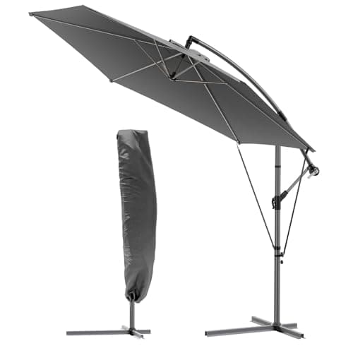 Image of VOUNOT® 3m Cantilever Garden Parasol, Banana Patio Umbrella with Crank Handle, Wind Protection Strap and Tilt for Outdoor Sun Shade, Grey
