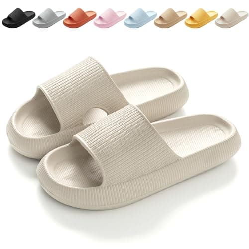 Image of BHFRGAS Sliders Cloud Slippers Women Men，Non-Slip Mens Womens Slippers Cloud Sliders，Soft Flip Flops with Thick Sole for Shower Bathroom Pool Beach，Beige, 3.5-4 UK