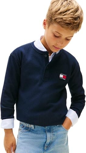 Image of Tommy Hilfiger Boys Heritage Henley Waffle TEE LS KB0KB10166 Blue (Dark Night Navy) 6 Years