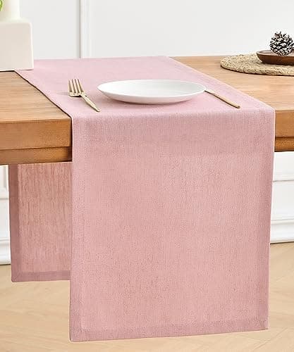 Image of Wracra Pink Linen Table Runner 275cm Long Machine Washable Rustic Farmhouse Table Runner for Dining Holiday Parties and Everyday Use(Pink, 275cm)