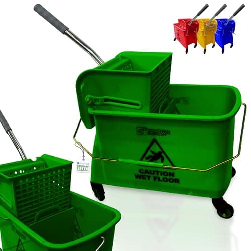 Image of Kentucky Floor Mop Bucket on Wheels - Large Capacity Commercial Industrial Floor Mop Bucket with Wringer and Carry Handle - Ideal for Warehouse, Hotel, Office, School Use - Green