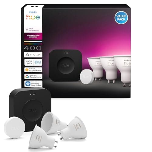 Image of Philips Hue Starter Kit Bridge Pro + 3 GU10 Spotlights + Button, White and Colour Ambience Smart Bulbs, Smart Light Hub, Works with Apple Home, Amazon Alexa, Google Assistant, Samsung SmartThings