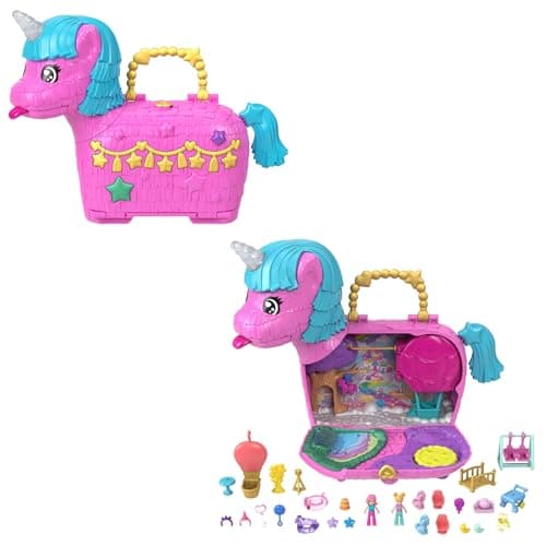 Image of Polly Pocket Dolls & Playset with Pets & 25+ Surprise Accessories, Birthday Celebration Unicorn Partyland Playset, Hot Air Balloon Ride, HYD96