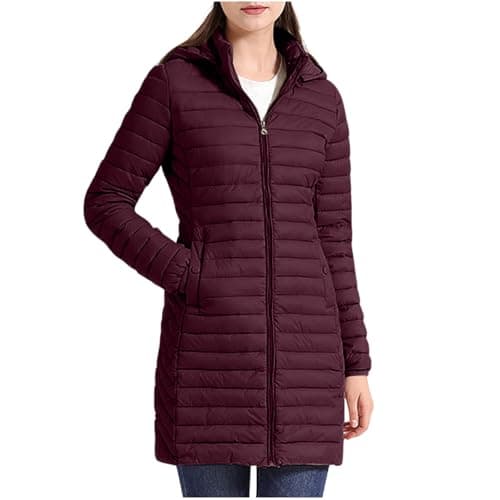 Image of Ladies Lightweight Puffer Jacket Women Quilted Jackets Plus Size Longline Padded down Coats Adjustable Packable Coat with Hood Warm Outwear Casual Fall Outfits Winter Clothes Outdoor