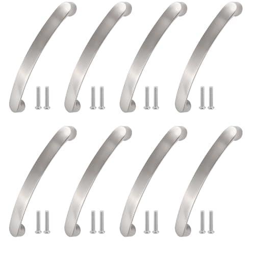 Image of Funver 8-Piece Aluminum Cabinet Handles, Brushed Nickel Drawer Pulls with Screws, Modern D-Shaped Kitchen Cupboard Handles and Wardrobe Handles for Furniture Drawers and Doors (128MM Hole Centre)
