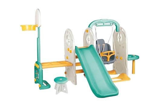 Image of """DOLU 7-In-1 Kids Garden Playground Set, Indoor & Outdoor Playground Set Climbing Frame, Swing and Slide Set, Colorful Children Playset"""