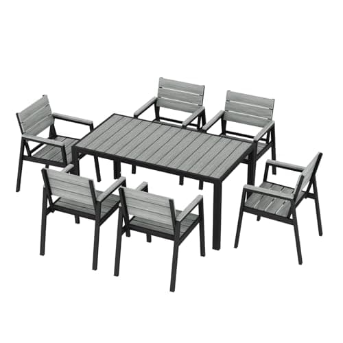 Image of JUMMICO Garden Table and Chairs in Aluminium Wood Effect: Table 150cm + 6 Chairs. Robust, Weather Resistant, Easy to Clean, Perfect for Patio, Garden or Swimming Pool