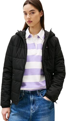 Image of Tommy Jeans Womens Tjw Slim Lw Hooded Padded Dw0dw20959 Puffer Jacket, BLACK (Black), XXS UK