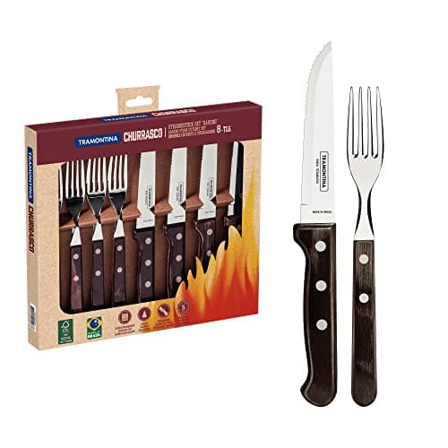 Image of Tramontina Cutlery Set with Gaucho Steak Knives, 8 Piece Sharp Knife and Fork Set with Wooden Handles, ‎Camping, Kitchen, Rustic, Dishwasher Safe, 29899297