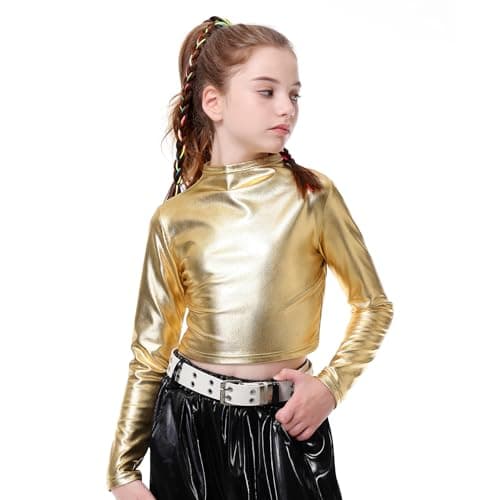 Image of LOLANTA Girls Metallic Cropped Top Half Turtleneck, Sparkly Shiny Dance Shirt for Hip Hop, Disco, Stage & Party Wear, Gold, 11-12 Years, 160