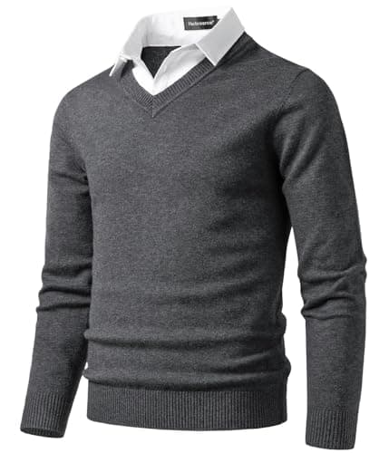 Image of Harbrosrce Men's Mock Shirt Collar Jumper V-Neck Sweater Long Sleeves Knitted Pullover Casual Business Basic Knitwear