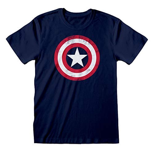 Image of Marvel Avengers Assemble Captain America Distressed Shield T-Shirt, Adults, S-5XL, Navy, Official Merchandise