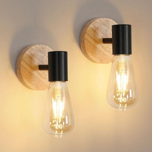 Image of Comely Industrial Wall Light 2 Pack, Vintage Wood & Black Metal Indoor Wall Lamp, E27 Wall Sconce Fixture for Living Room Bedroom Kitchen Bar Pub (Bulb Not Included)