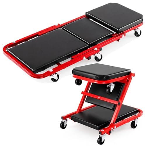 Image of TANGZON 2-In-1 Folding Mechanics Creeper Seat, 150KG Convertible Padded Rolling Car Creeper with 6 Universal Wheels, Heavy Duty Roller Garage Seat (150kg, Black+Red, 92 x 41 x 12 cm)