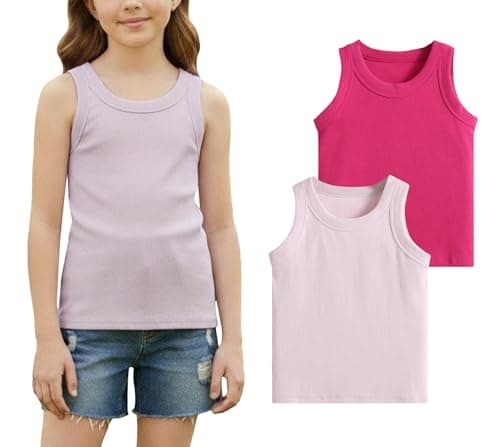 Image of Happy Cherry Girls Tank Top 2 Pack Soft Breathable Ribbed Cotton Camisole Undershirt Kids Sleeveless Cropped Vest Tops for Gym 11-12 Years