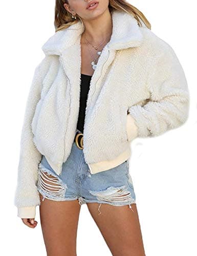 Image of FeMereina Women's Coat Fleece Jacket Sherpa Fuzzy Faux Shearling Lapel Zipper Casual Winter Warm Oversized Outwear (White, XL)