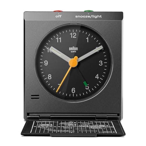 Image of Braun Classic Analogue Travel Alarm Clock with Snooze and Light, Iconic Design, Compact Size, Folding Lid with World Time Zone Map, Quiet Quartz Movement, Crescendo Beep Alarm in Black, model BC05B