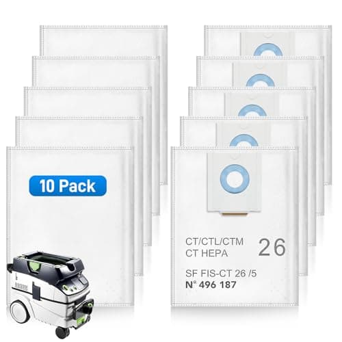 Image of 10 Pack 496187 Filter Bag for Festool Dust Extractor CT 26 / CTM 26 E/CTL 26 E Cleantec Series,Vacuum Dust Bag for Festool SC FIS-CT 26/5, Disposable&Large Capacity