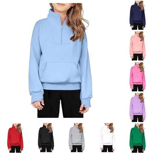 Image of Boys Girls Quarter Zip Jumper with Thumb Holes Pocket Kids Plain Sweatshirt Half Zip Hoodie Long Sleeve Fleece Sports Top Stand Collar Pullover Tops Cotton (Purple, 9-10 Years)