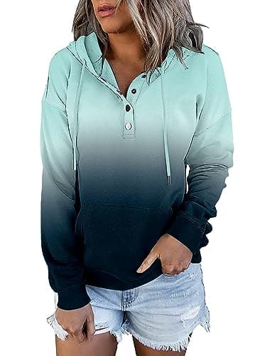 Image of KISSMODA Women Casual Fashion Gradient Hoodie Graphic Drawstring Pullover Sweatshirt Celeste Medium