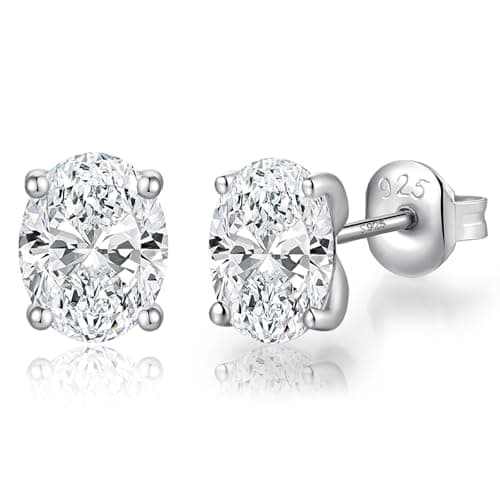 Image of Oval Earrings for Women Men Diamond Stud Earring Cubic Zirconia Silver Oval Studs Earring 6MM Sterling Silver Fake Diamond Earring Hypoallergenic CZ Studs Jiahanzb