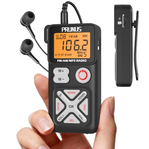 Image of PRUNUS J-988 Pocket AM FM Radio Portable Personal Mini Radio with Digital Tuning LCD Display and Back Clip, Rechargeable Pocket Radio with Earphone and SD Card Player for Walking, Jogging
