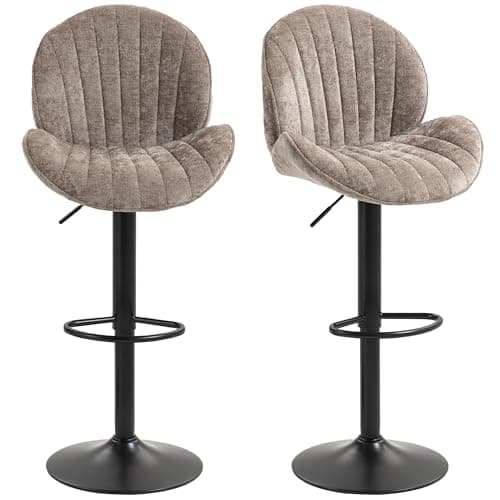Image of HOMCOM Bar Stools Set of 2, Swivel Counter Height Barstools with Back, Adjustable Height and Footrest, Chenille Upholstered Modern Bar Chairs for Kitchen Island, Dining Room, Brown
