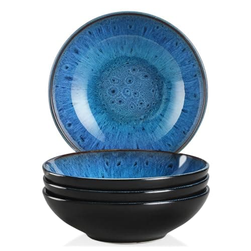 Image of vancasso Bubble Stoneware Wide and Deep Pasta Bowl Set, 4-Piece Reactive Glaze Blue Soup Plate, 8.2in Soup Bowl Large Bowl. 950ml/32oz
