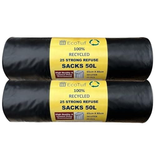 Image of EcoTuf - 50 Pack Extra Heavy Duty Refuse Sacks, 50L, 35Kg Weight Resistant, Bin Bags, Garbage Bags, Leak Resistant, Eco-Friendly, Disposable, Perfect for Household, Garden, Commercial & Building Use