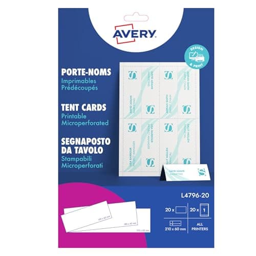 Image of Avery L4796-20 Printable Place/Tent Cards, 1 Card Per A4 Sheet, White