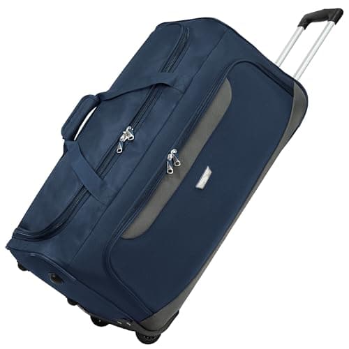 Image of Rocklands® Lightweight Wheeled Holdall Medium Duffle Trolley Suitcase Thick Heavy-Duty Cross Nylon EVA-Backed Front, Hard Base Travel Bag (Medium - 28" (H72xW37xD36 cm), Navy)