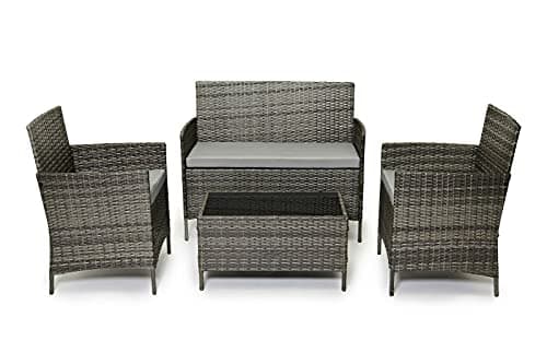 Image of EVRE Rhino Grey Rattan Garden Furniture Set Conservatory Balcony Patio Indoor Outdoor 4 Seat Glass Top Coffee Table Modular Piece Sofa Loveseat Cushions