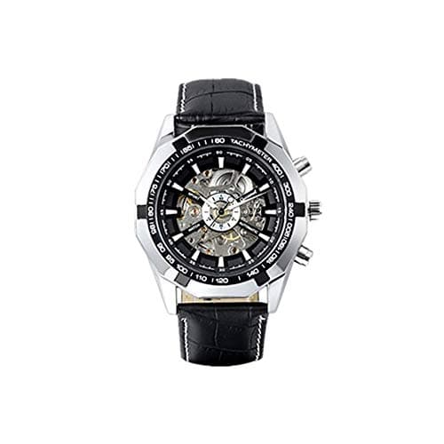 Image of JewelryWe Mens Skeleton Wrist Watch: Classic Mechanical Automatic Watch Black Bezel Skeleton Dial Leather Band Steampunk Dress Watch for Fathers Day Valentines Day Birthday