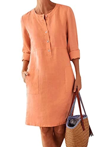 Image of OMZIN Womens Cotton Linen Dress Baggy Loose Summer Casual Knee Length Pockets Dress with Pocket Orange L