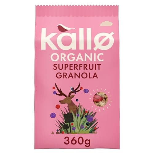 Image of Kallo Crunchy Superfruit Granola, 360g – Organic, Vegan and Vegetarian Friendly, High-Fibre, Wholegrain Breakfast with Cranberries, Blackcurrants and Blueberries