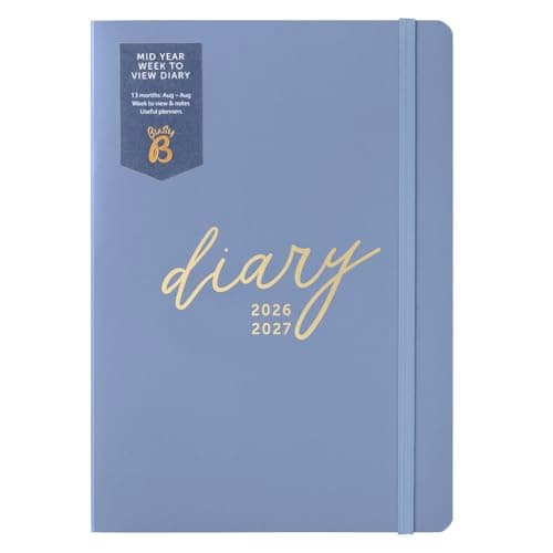 Image of Busy B A5 Week-to-View Diary - Mid-Year Academic Planner- Aug '26 - Aug '27 - Cornflower Blue Journal – Weekly Layout opposite a Notes Page, Goals, Expenses, Pen Loop & Elastic Closure