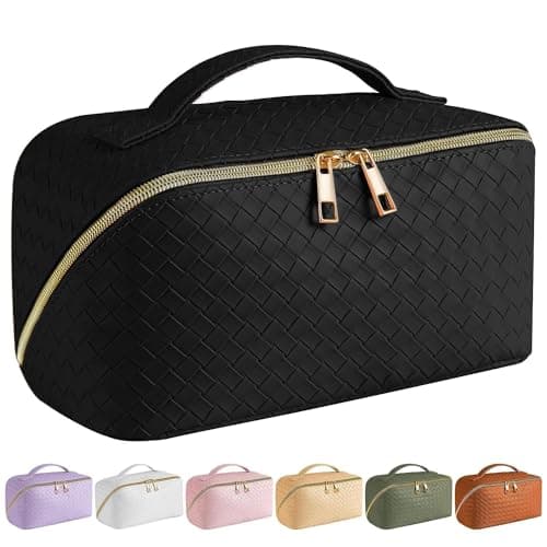 Image of SFXULIX Large Capacity Travel Cosmetic Bag - Makeup Bag, PU Leather Waterproof Cosmetic Bag, Women Portable Travel Makeup Bag with Handle and Divider Flat Lay Makeup Organizer Bag, Black