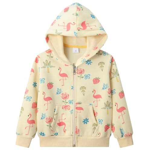 Image of Dinopjs Girls‘ Hoodie Sweatshirt, Girls Jumper, Flamingo Rose Strawberry Flower Long Sleeve Tops Fleece Hooded Outerwear, Jacket for Kids, Zip Up oodie, Zipper Warm Coats, 7-8 Years, Light Yellow