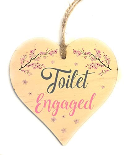 Image of Engaged Vacant Toilet Door Sign - Double Sided Wooden Heart Shaped Plaque – Decorative Cherry Blossom Design by Maisie Moo – Includes Hanging Twine