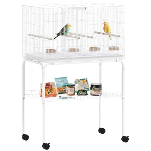Image of PawHut Bird Cage with Divider, Parrot Cage with 4 Wooden Perches, Slide Out Tray, 4 Feeders and Wheeled Stand, for Budgie, Lovebird, Canary, Finches, 76 x 46 x 116cm, White