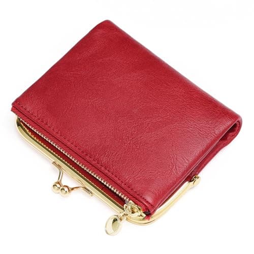 Image of FALAN MULE Small Compact Purse for Women, Made of Genuine Leather, with Zip and Kiss Lock, RFID Blocking of Bifold Leather Wallets with Multiple Card Slots and Spacious Compartment, Blue, Minimalist