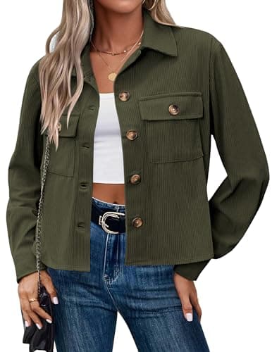Image of HOTOUCH Womens Corduroy Jacket Cropped Shacket Long Sleeve Button Down Winter Jackets Ladies Fashion Crop Coat Outwear Army Green Size 10