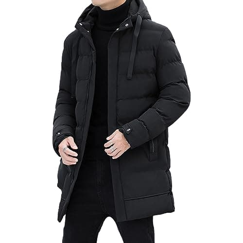 Image of aromm Men's Winter Warm Jacket with Hood Mid Length Zip up Quilted Padded Puffer Coats Black, M