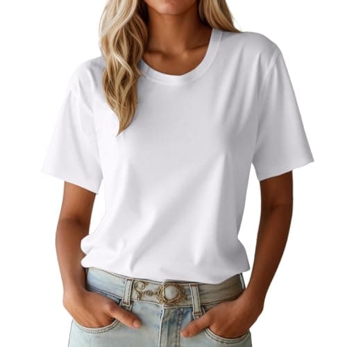 Image of Women's Basic T-Shirt Crew Neck Short Sleeve Lightweight Summer Comfortable Breathable Everyday Versatile, White, XL