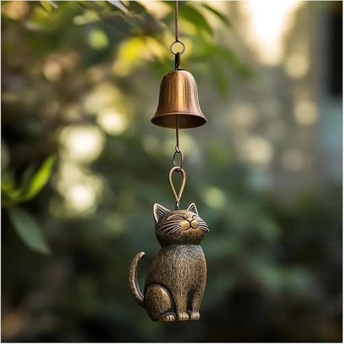 Image of Cat Wind Chime, Handmade Retro Cat Wind Chime for Outside, Memorial Windchime for Cat Lovers, Outdoor Cat Statue Themed Gifts, Hanging Memorial Ornaments Windchimes Bell Yard Home Porch Decorations