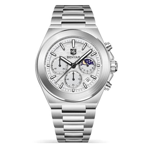 Image of BENYAR Men’s Chronograph Watch - Moon Phase Business Dress Watch, 40mm Waterproof Stainless Steel Analog Quartz Wristwatch for Men BY-5220m (Silver White)