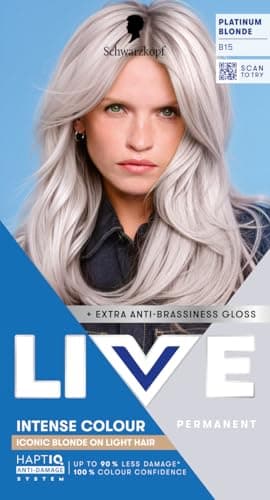 Image of Schwarzkopf LIVE Intense Colour B15 Platinum Blonde, Long-lasting Permanent Blonde Hair Dye, Iconic Blondes on Lighter Hair, With Extra No-Brassiness Gloss
