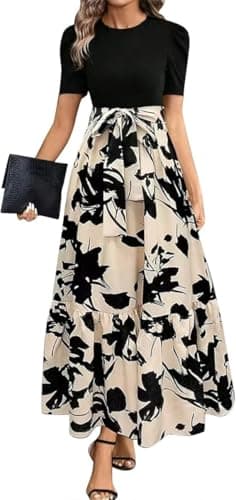 Image of Yinguo My Orders, wrap Dress,Summer Dresses for Women UK 2025 Elegant Boho Vacation Floral Tie Belted Patchwork Empire Waist Short Sleeve Modest Elegant Beach Flowy Maxi Dress